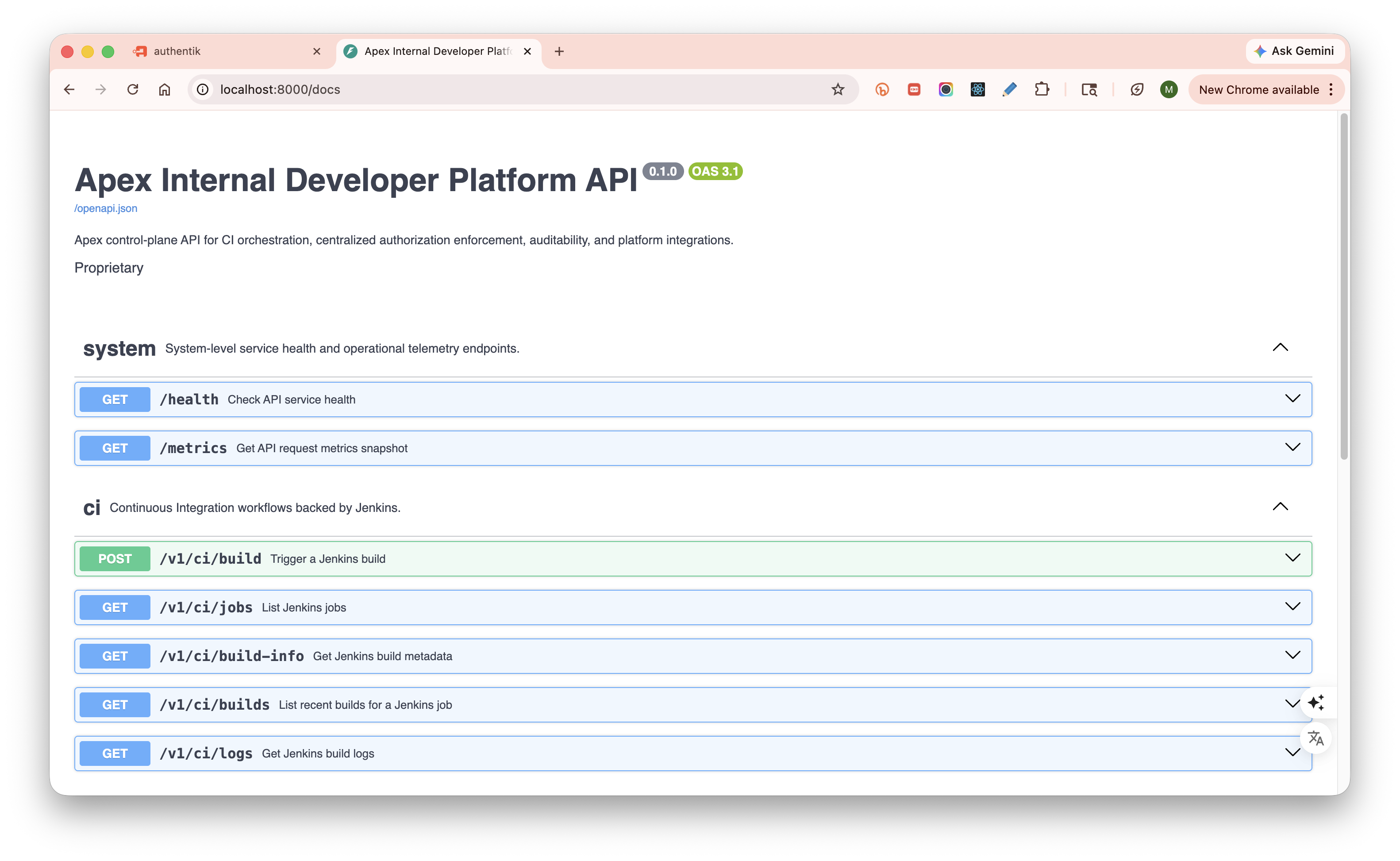 FastAPI Swagger docs for apex CI endpoints