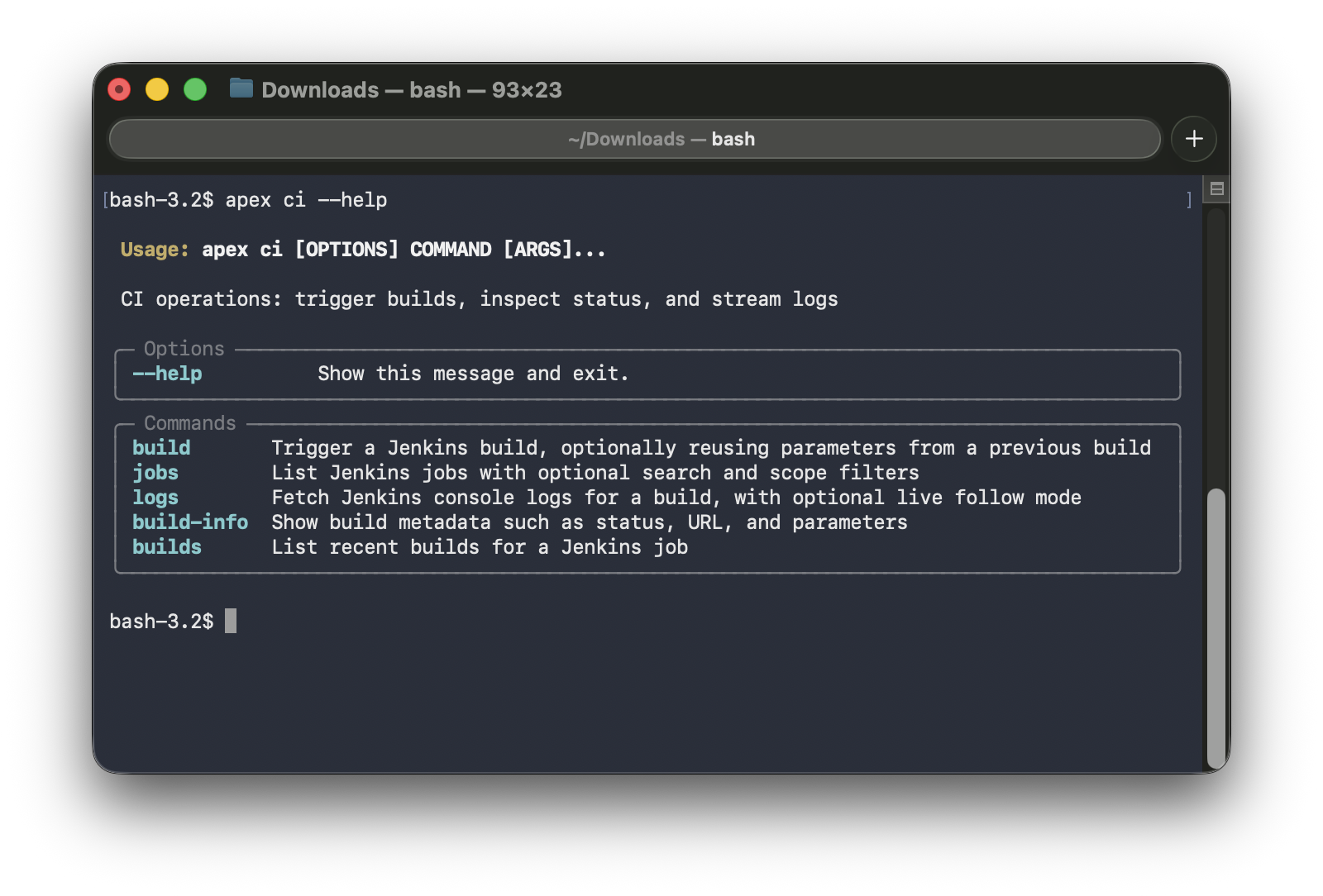 apex ci --help output