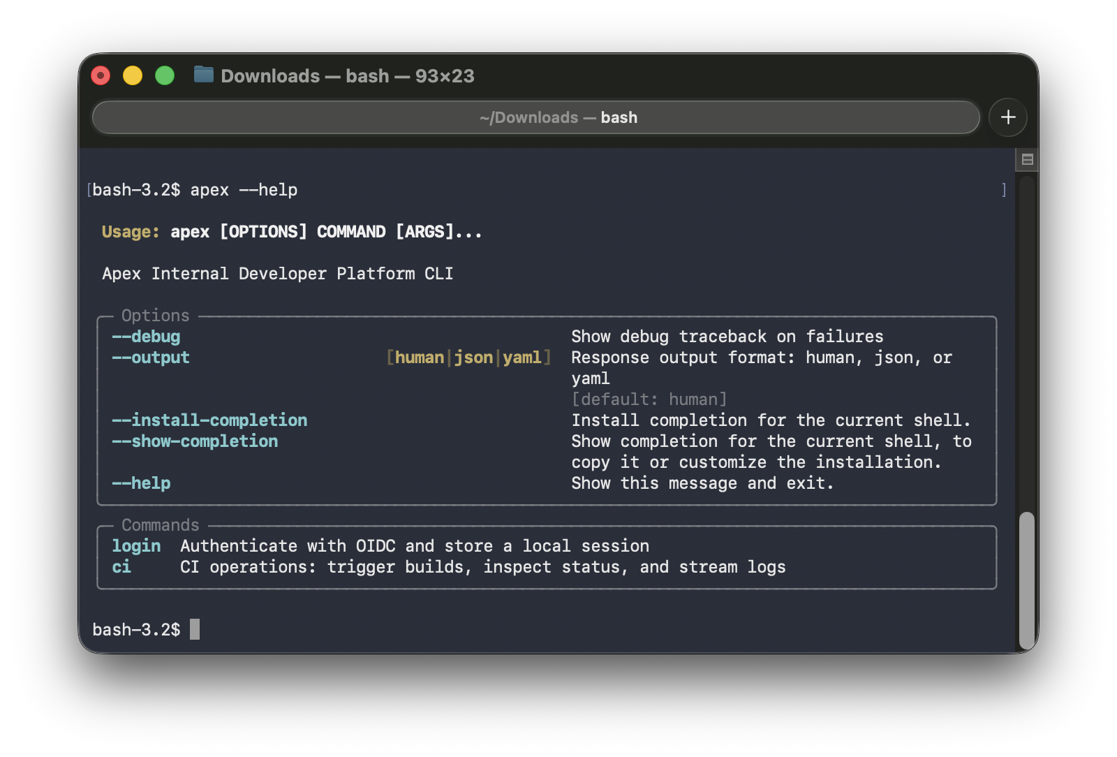apex --help output