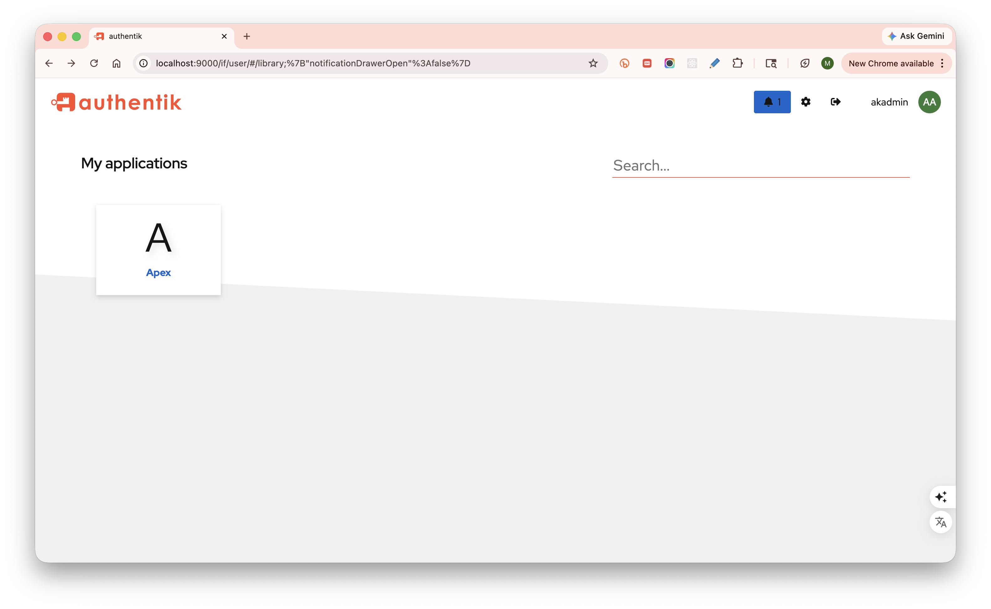 Authentik admin UI at http://localhost:9000 showing the pre-seeded apex OIDC app.